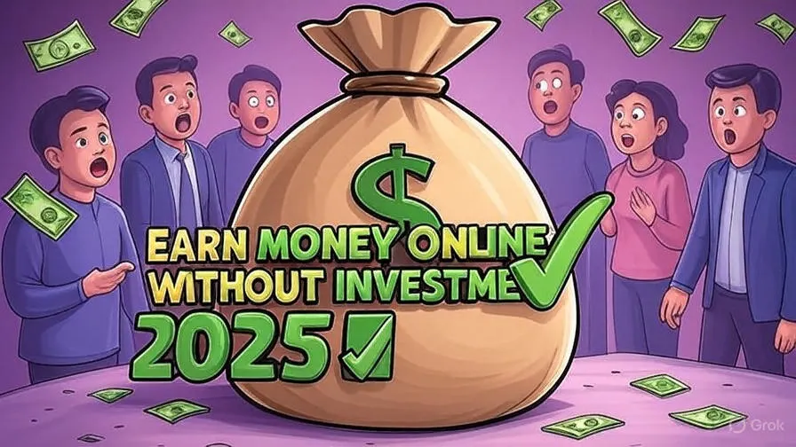 Modern thumbnail for 'How to Earn Money Online Without Investment in 2025' with purple background, money bag, surprised characters, and dollar bills.
