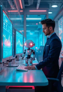 Business professional working with AI robot assistant on financial data analysis using advanced digital tools