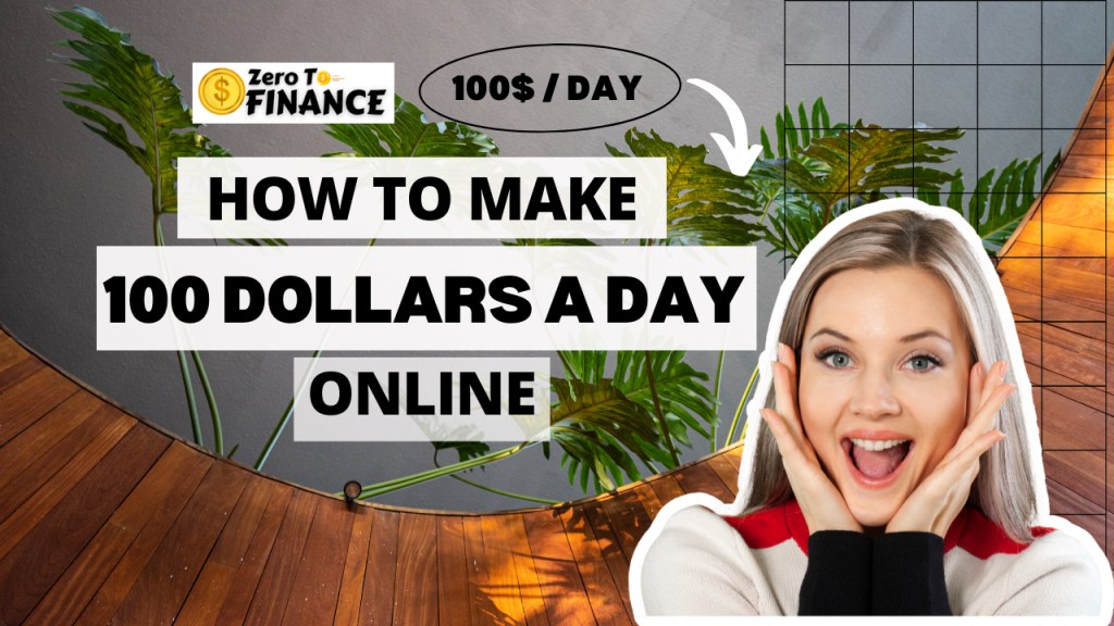 How to make 100 dollars a day online – excited woman with text overlay and tropical background.