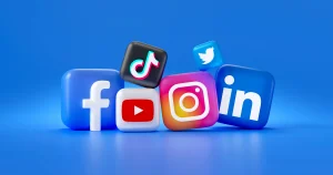 3D icons of popular social media platforms including Facebook, Instagram, TikTok, YouTube, LinkedIn, and Twitter on blue background.