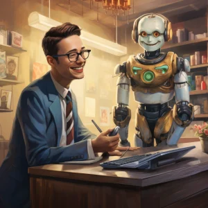 Smiling professional collaborating with humanoid robot assistant in office, symbolizing the future of AI in finance