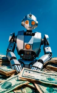 Futuristic humanoid robot with glowing eyes sitting over stacks of US dollar bills, symbolizing AI in finance