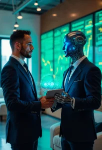 Businessman collaborating with AI robot on digital tablet in futuristic finance technology setting