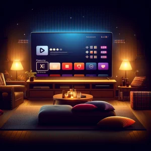 Modern cozy living room with smart TV displaying app dashboard interface, representing digital financial technology