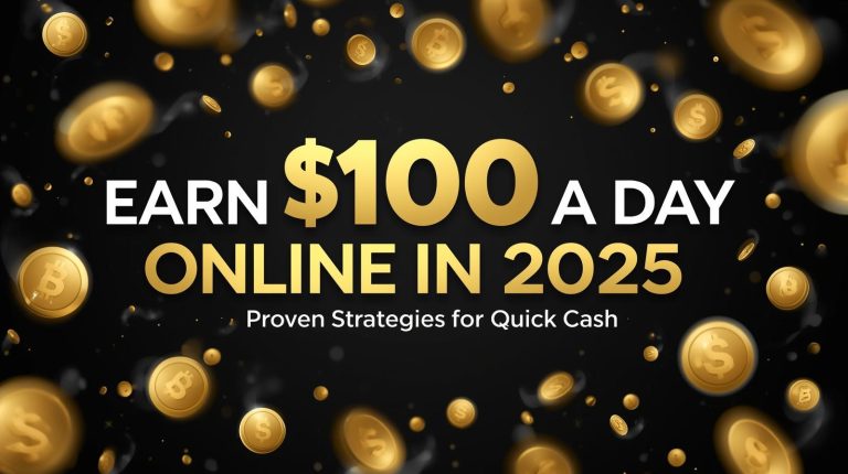 The image features a bold design with "Earn $100 a Day Online in 2025" in gold text, surrounded by floating gold coins with dollar and bitcoin symbols, promoting quick cash strategies on a black background.