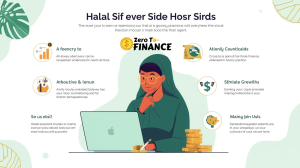 Illustration of a woman in hijab working on a laptop with financial icons, representing Halal side hustles and ethical income opportunities for Muslim entrepreneurs.