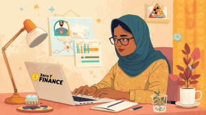 Illustration of a woman in a hijab working on a laptop with "Zero To Finance" branding, symbolizing financial education and empowerment for Muslim women.