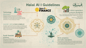 Infographic on Halal AI Guidelines featuring Islamic design elements, ethical finance principles, and technology development standards for Sharia-compliant artificial intelligence.