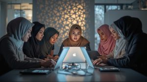 Group of Muslim women in hijabs collaborating on a laptop in a modern office, symbolizing teamwork, education, and professional empowerment.