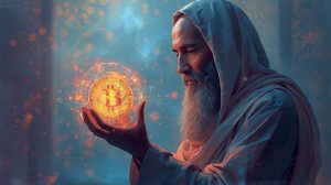 Elderly man in traditional robe holding a glowing Bitcoin, symbolizing the intersection of Islamic finance and cryptocurrency innovation.